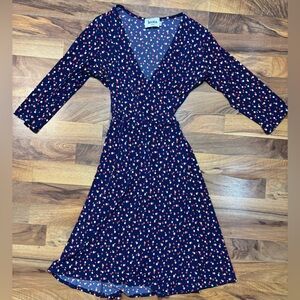 Leota Womens Medium Navy Polka Dot Wrap Dress 3/4 Sleeve Stretch Made USA